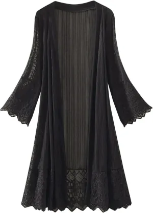 Women Mesh Lace Beach Cardigan Open Front Long Bikini Swimsuit Cover Ups Swimwear Sheer 3/4 Sleeve Sexy Bathing Suit