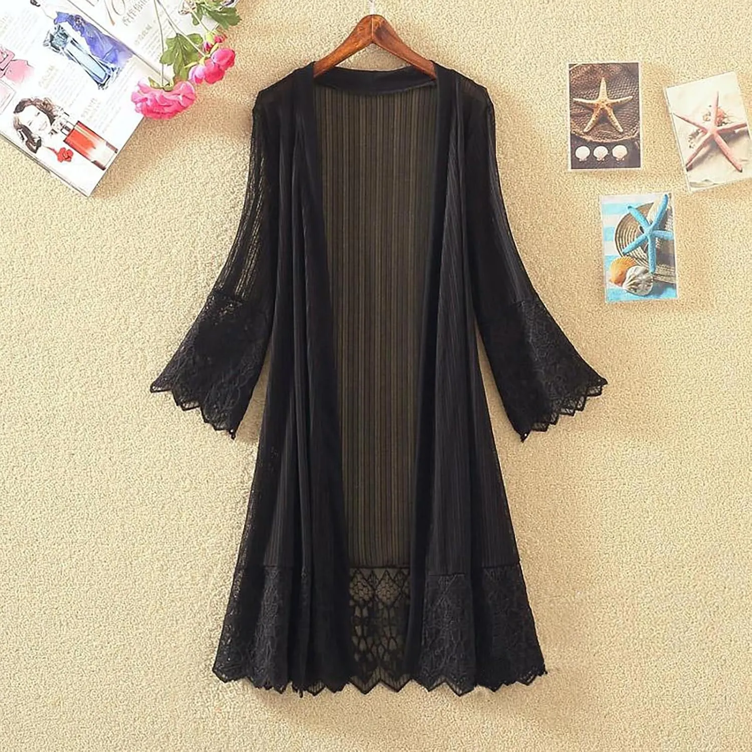 Women Mesh Lace Beach Cardigan Open Front Long Bikini Swimsuit Cover Ups Swimwear Sheer 3/4 Sleeve Sexy Bathing Suit