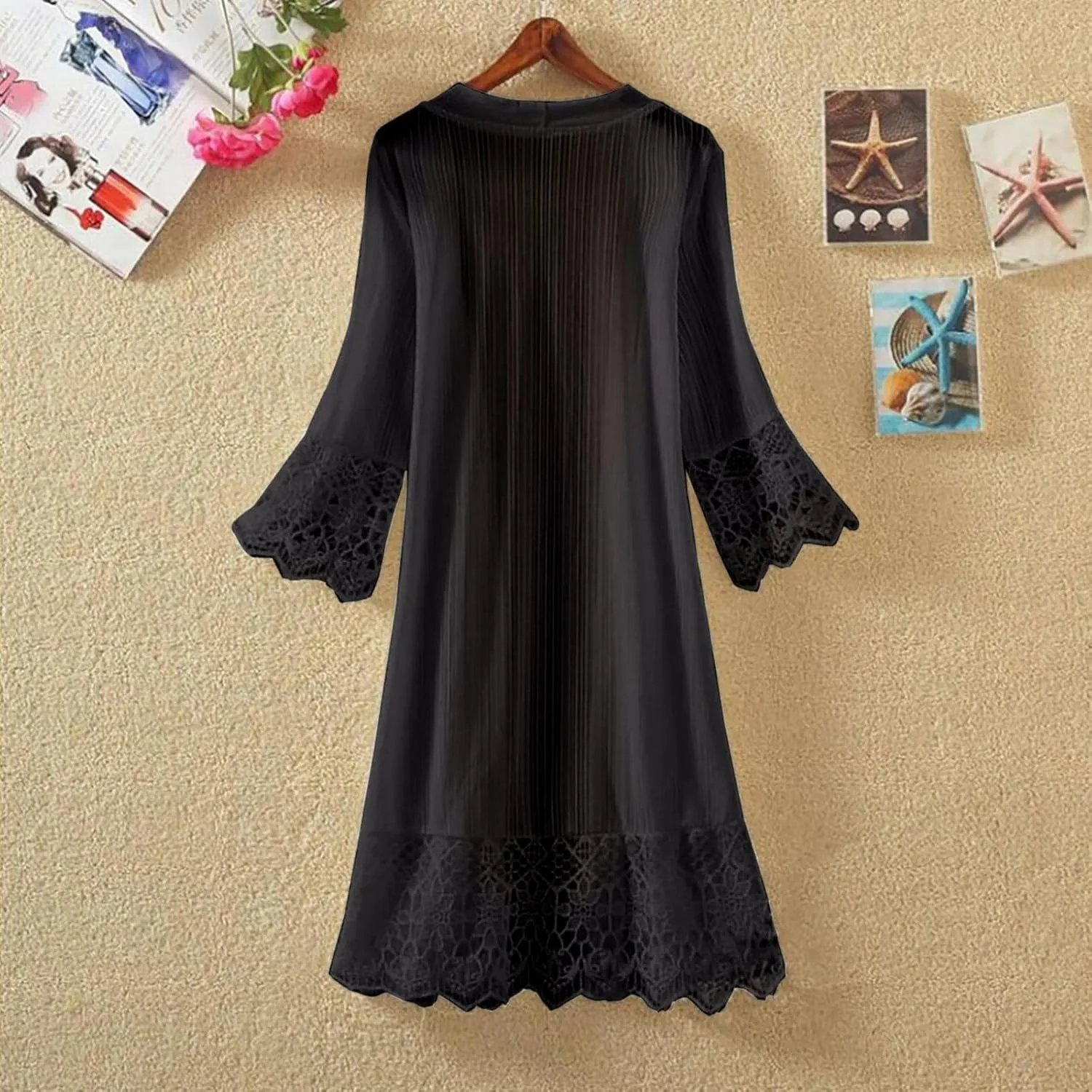 Women Mesh Lace Beach Cardigan Open Front Long Bikini Swimsuit Cover Ups Swimwear Sheer 3/4 Sleeve Sexy Bathing Suit