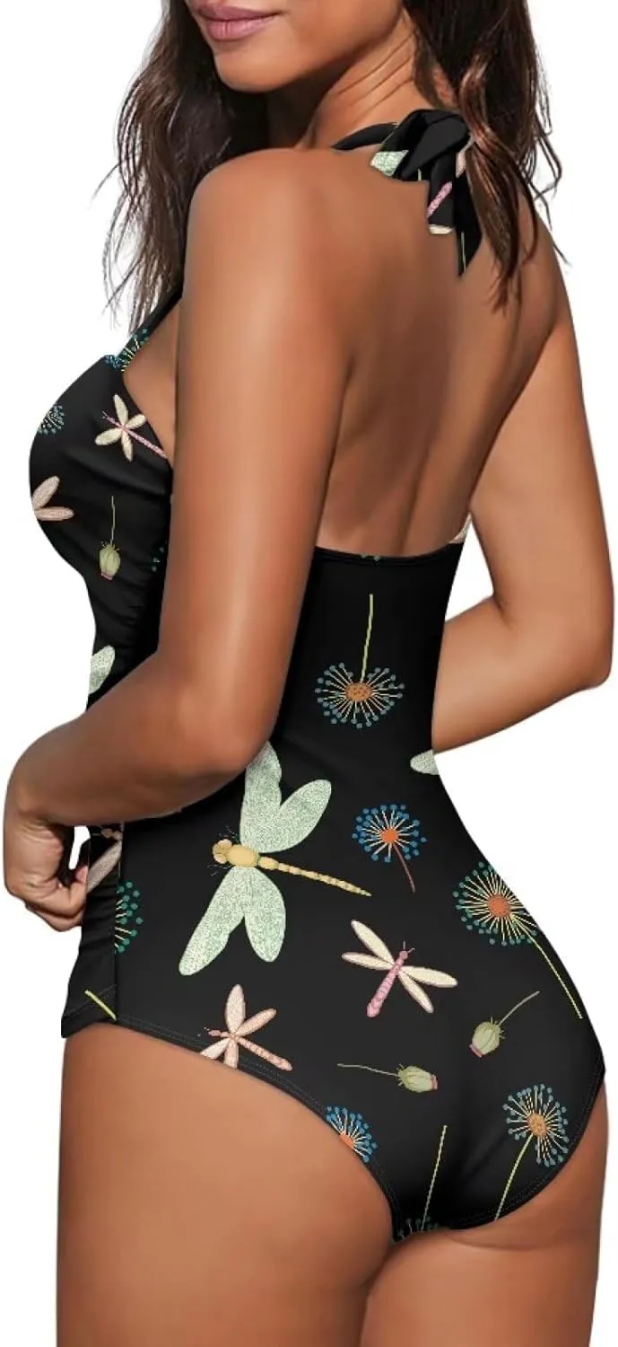 Women One Piece Swimsuit Halter Ruched High Waist Tummy Control Bathing Suit Backless Monokinis Swimwear Size S-2XL