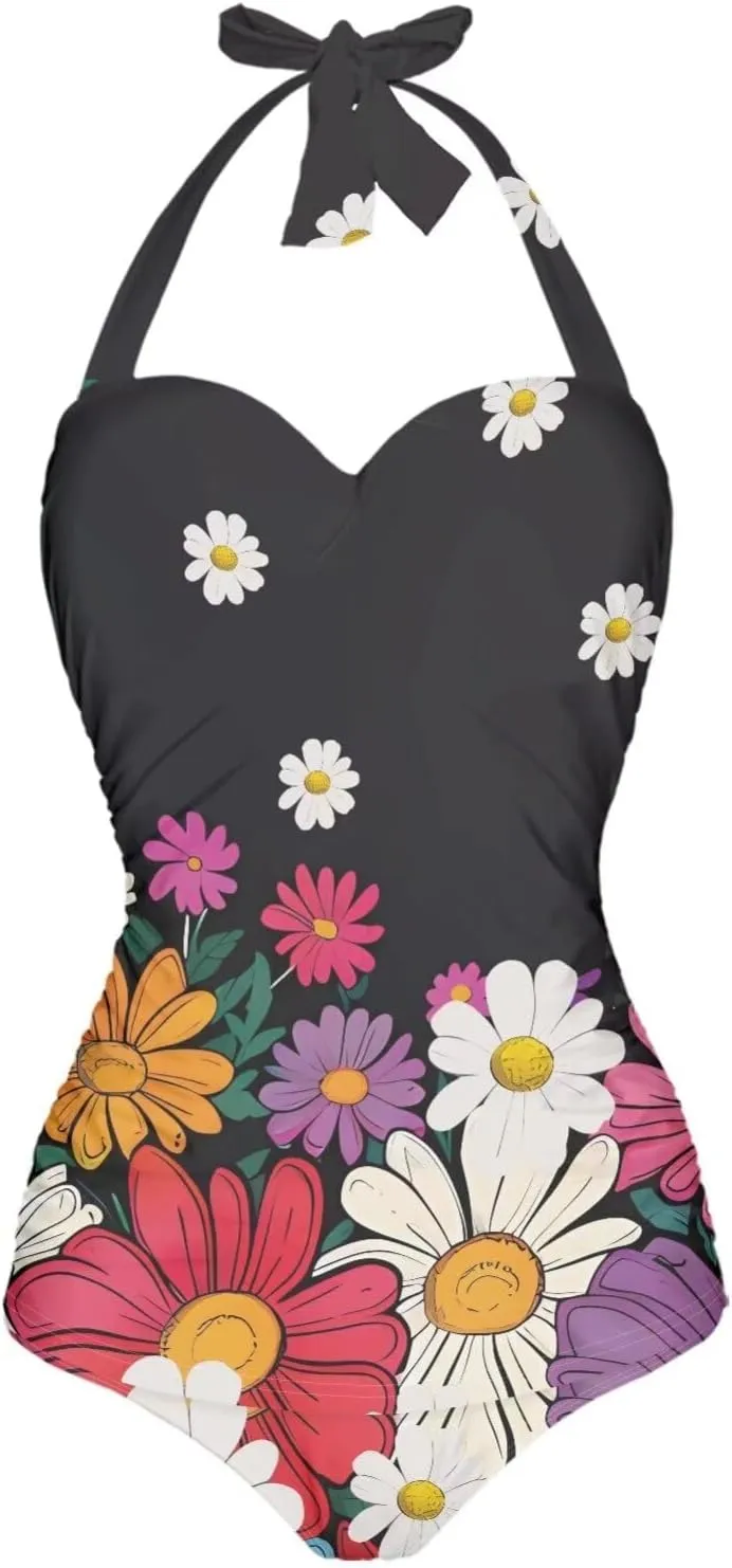 Women One Piece Swimsuit Halter Ruched High Waist Tummy Control Bathing Suit Backless Monokinis Swimwear Size S-2XL