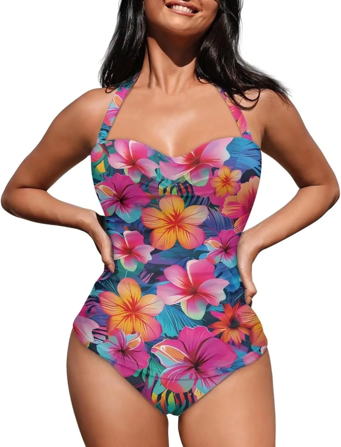 Women One Piece Swimsuit Halter Ruched High Waist Tummy Control Bathing Suit Backless Monokinis Swimwear Size S-2XL