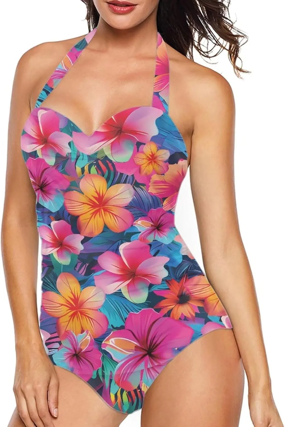Women One Piece Swimsuit Halter Ruched High Waist Tummy Control Bathing Suit Backless Monokinis Swimwear Size S-2XL