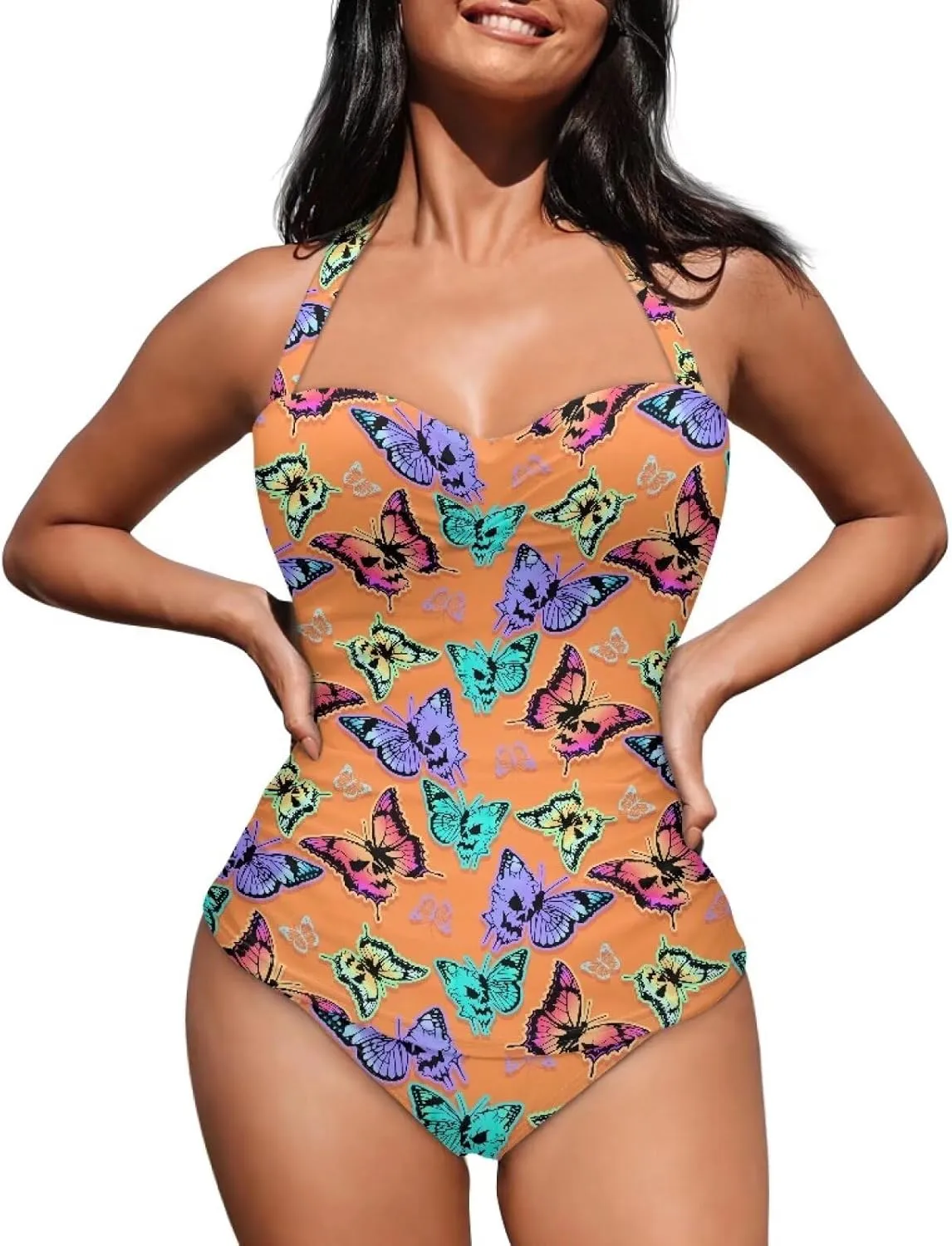 Women One Piece Swimsuit Halter Ruched High Waist Tummy Control Bathing Suit Backless Monokinis Swimwear Size S-2XL