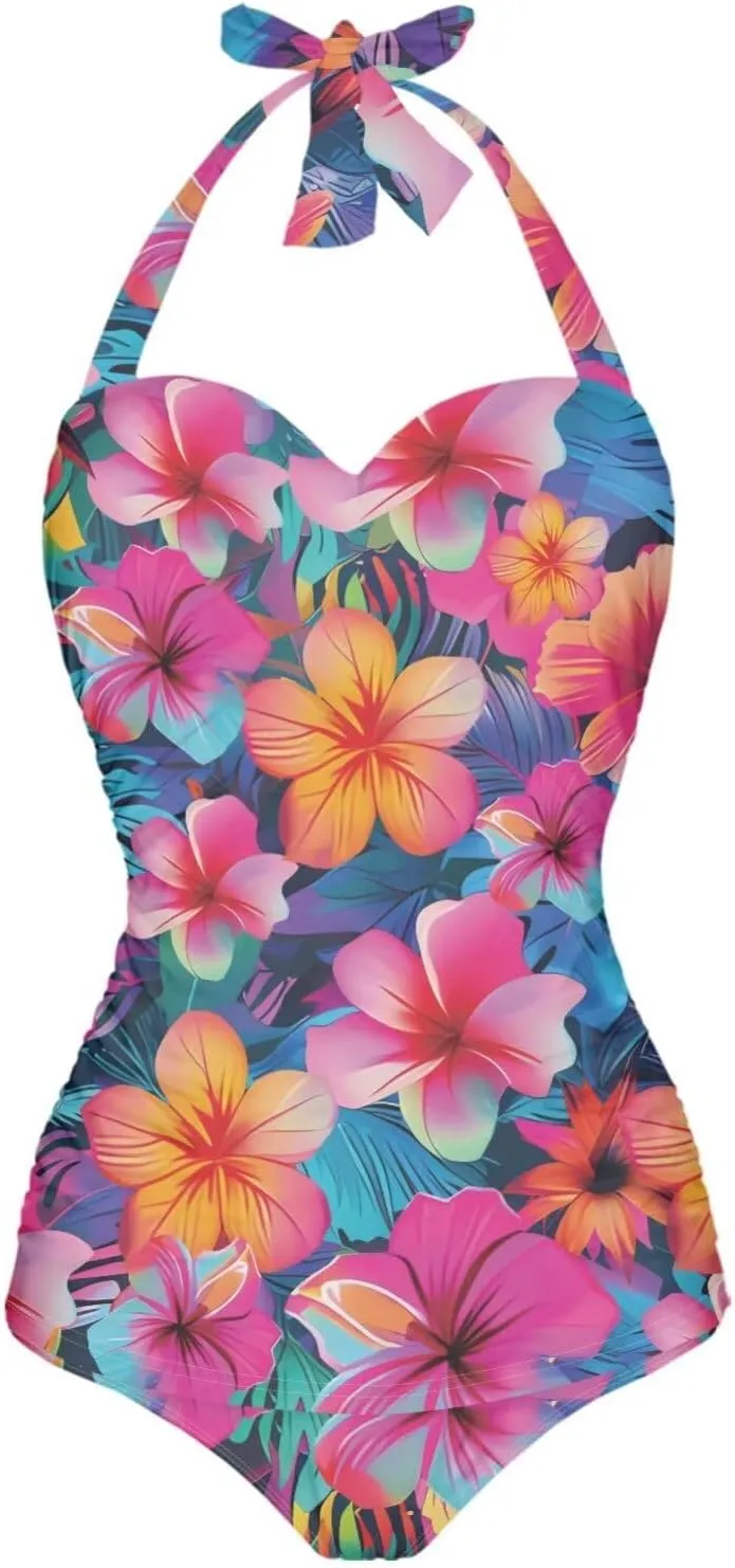 Women One Piece Swimsuit Halter Ruched High Waist Tummy Control Bathing Suit Backless Monokinis Swimwear Size S-2XL