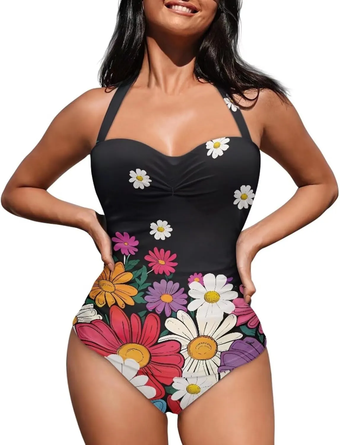 Women One Piece Swimsuit Halter Ruched High Waist Tummy Control Bathing Suit Backless Monokinis Swimwear Size S-2XL
