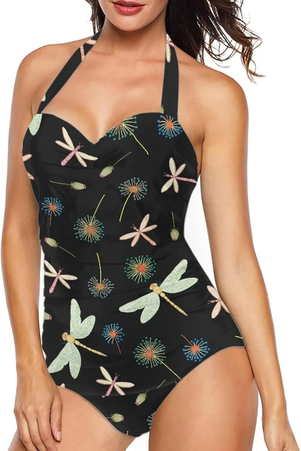 Women One Piece Swimsuit Halter Ruched High Waist Tummy Control Bathing Suit Backless Monokinis Swimwear Size S-2XL