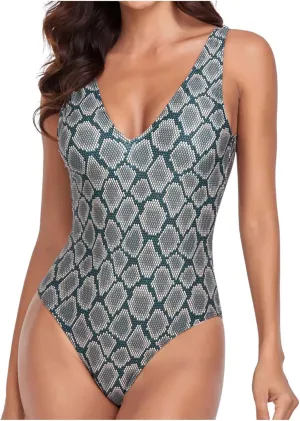 Women One Piece Swimsuit Padded Sexy V Neck Swim Suits Modest Tummy Control Monokinis Bathing Suits Backless Swimwear
