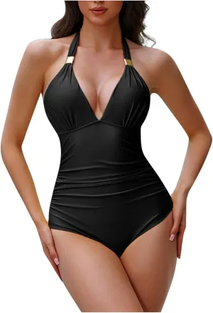 Women One Piece Swimsuit Tummy Control Halter Bathing Suit Sexy Backless Swimwear Deep V Neck Monokini Wrap Swimsuit
