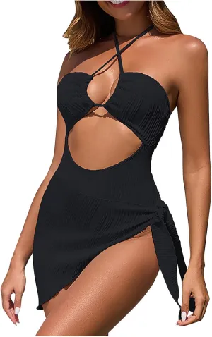 Women One Piece Swimsuits Set Texture Hollow Out Bathing Suit Summer Beach Cover Up Sexy Cut Out Criss Cross Swimwear
