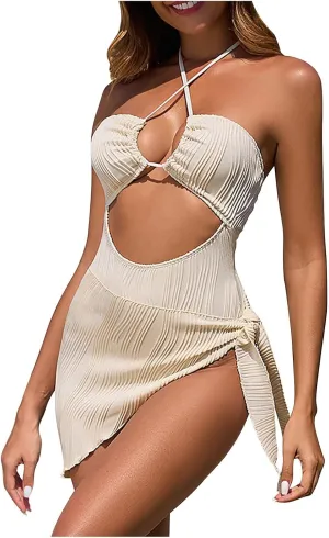 Women One Piece Swimsuits Set Texture Hollow Out Bathing Suit Summer Beach Cover Up Sexy Cut Out Criss Cross Swimwear