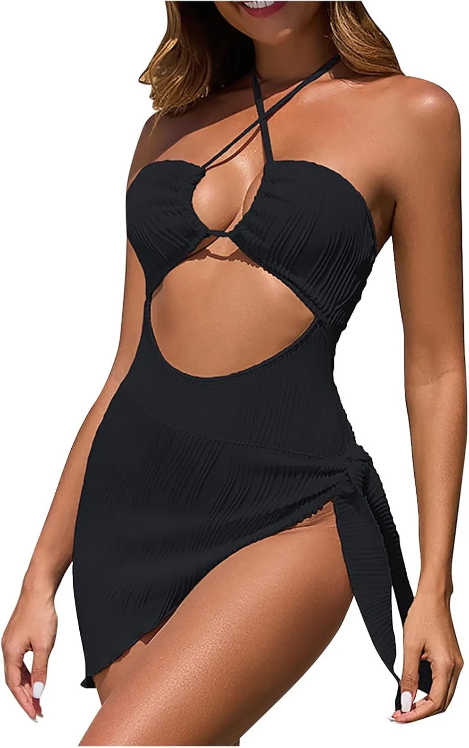 Women One Piece Swimsuits Set Texture Hollow Out Bathing Suit Summer Beach Cover Up Sexy Cut Out Criss Cross Swimwear