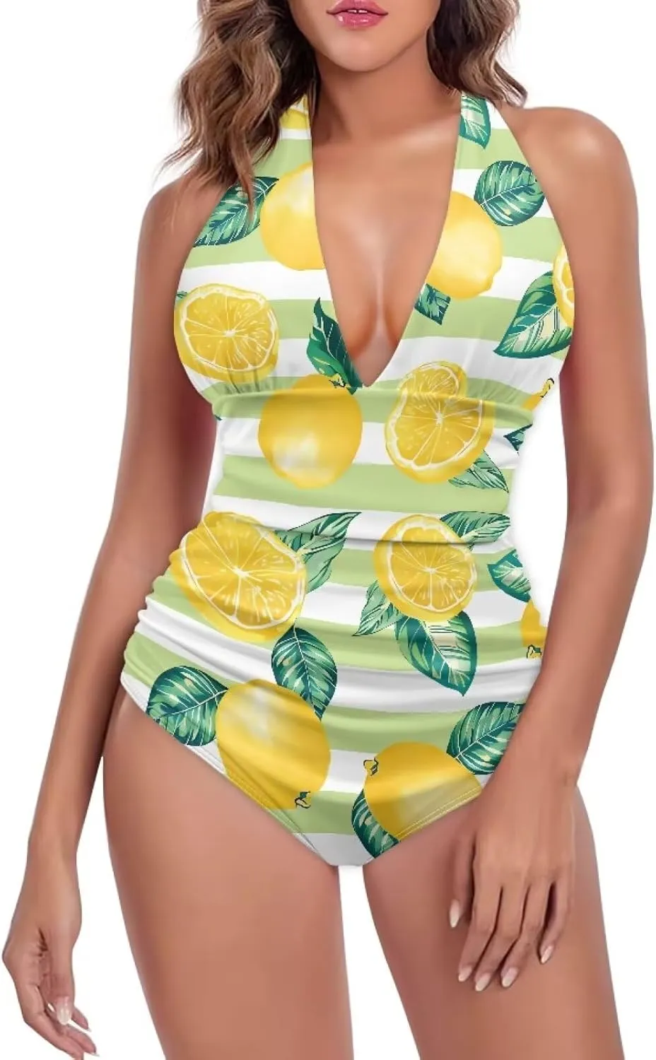 Women One Piece Swimsuits V Neck Halter Swimwear High Waist Tummy Control Bathing Suit Backless Monokinis Size S-3XL