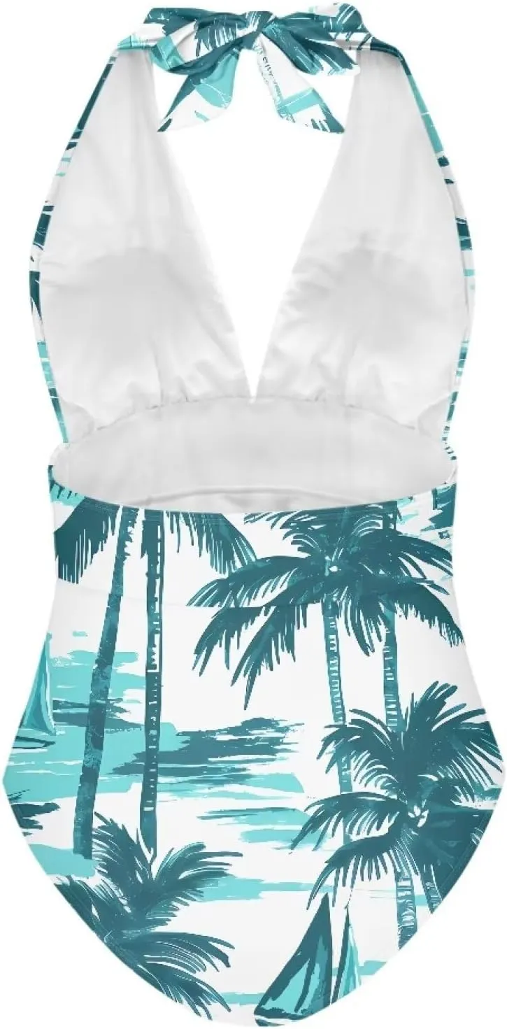 Women One Piece Swimsuits V Neck Halter Swimwear High Waist Tummy Control Bathing Suit Backless Monokinis Size S-3XL