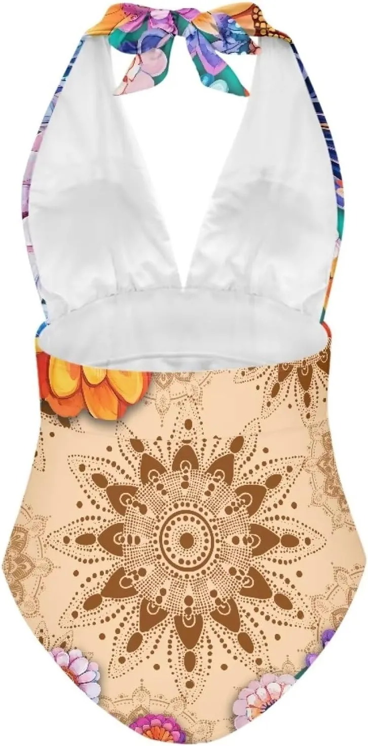 Women One Piece Swimsuits V Neck Halter Swimwear High Waist Tummy Control Bathing Suit Backless Monokinis Size S-3XL