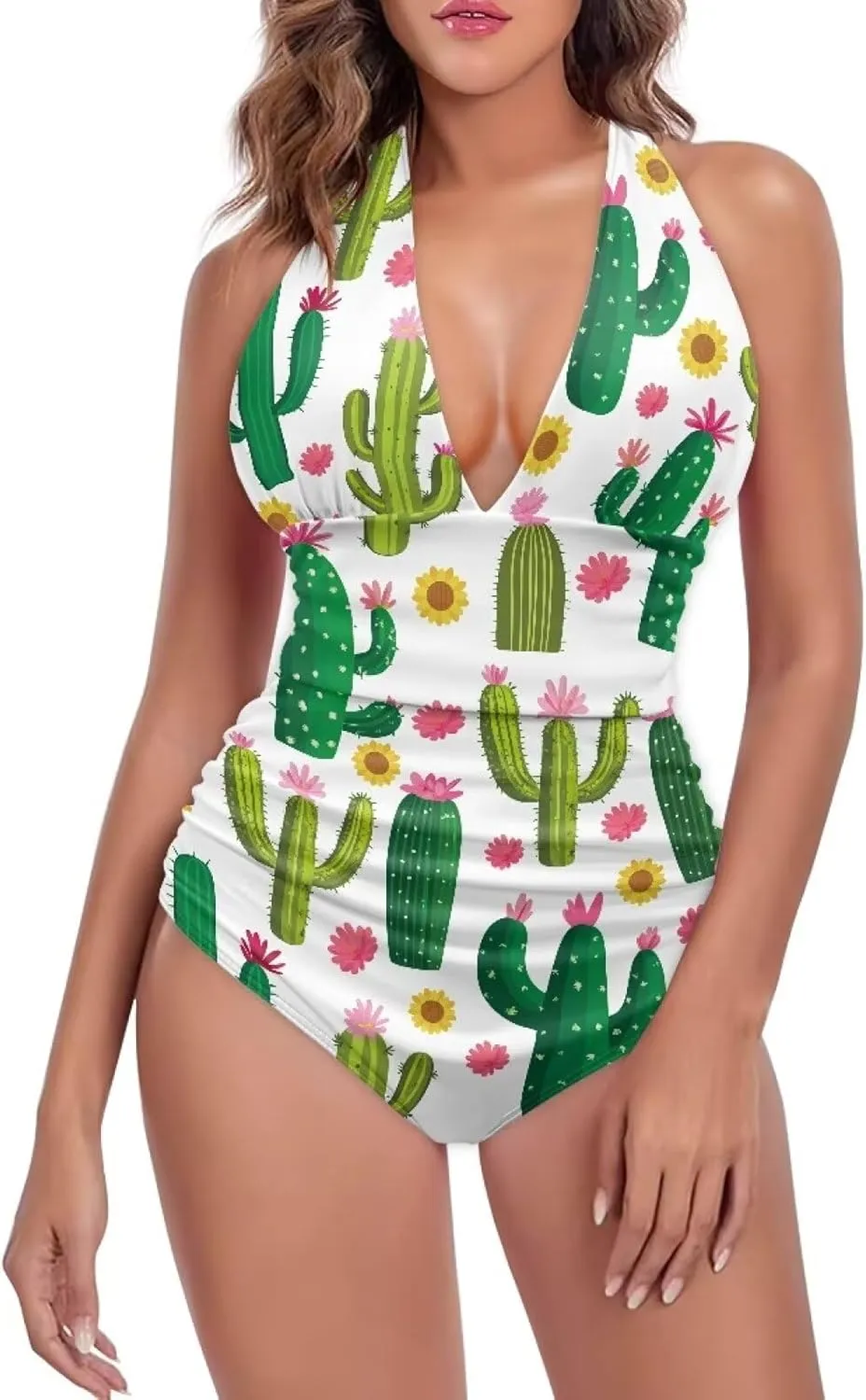Women One Piece Swimsuits V Neck Halter Swimwear High Waist Tummy Control Bathing Suit Backless Monokinis Size S-3XL
