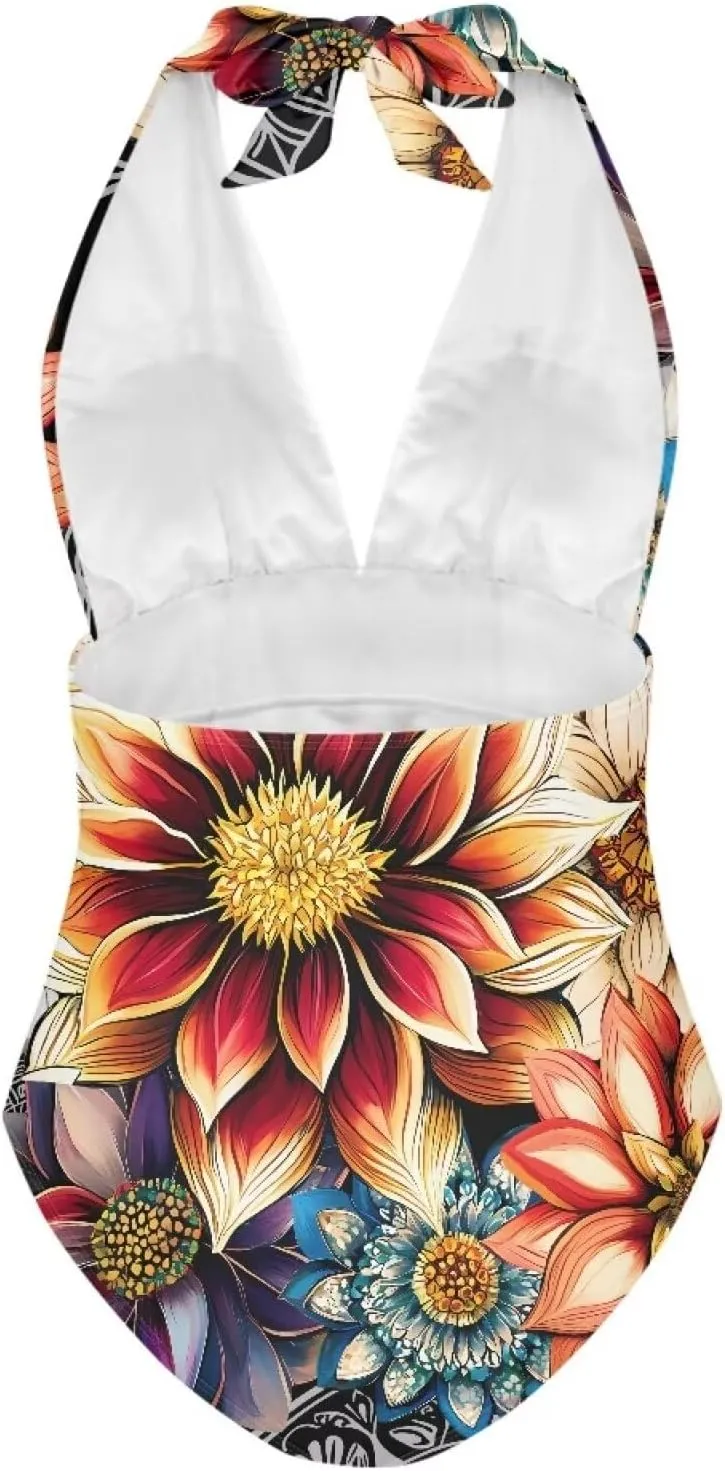 Women One Piece Swimsuits V Neck Halter Swimwear High Waist Tummy Control Bathing Suit Backless Monokinis Size S-3XL