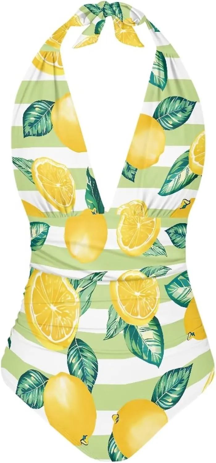 Women One Piece Swimsuits V Neck Halter Swimwear High Waist Tummy Control Bathing Suit Backless Monokinis Size S-3XL