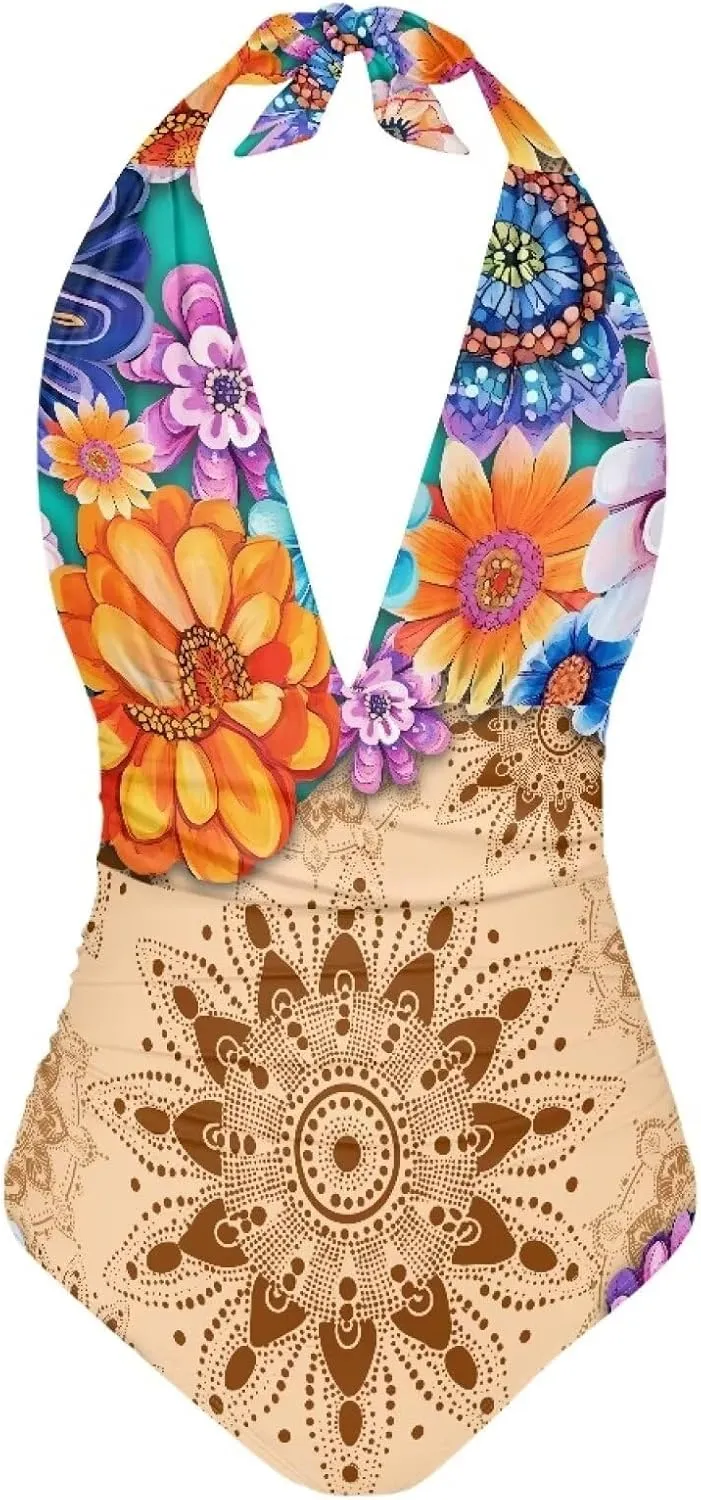 Women One Piece Swimsuits V Neck Halter Swimwear High Waist Tummy Control Bathing Suit Backless Monokinis Size S-3XL