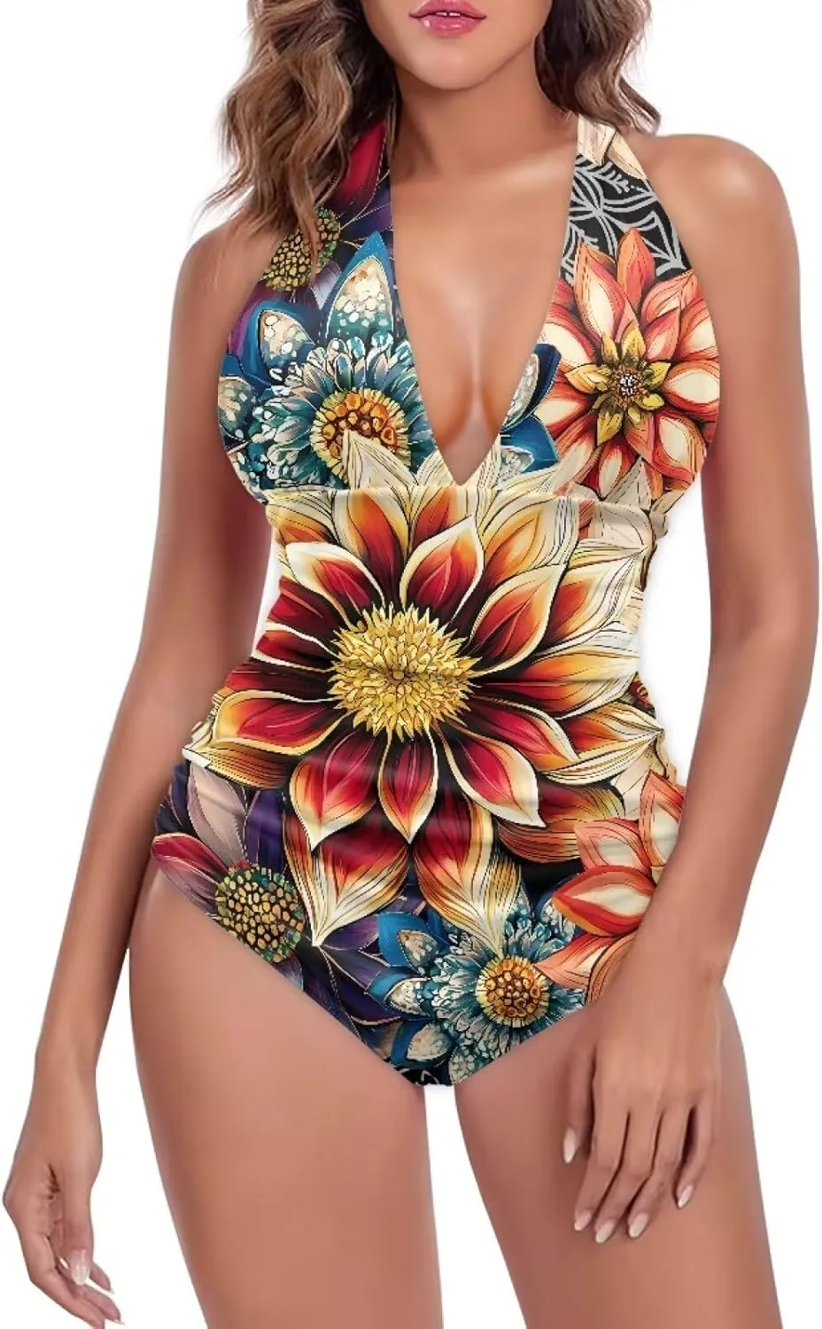 Women One Piece Swimsuits V Neck Halter Swimwear High Waist Tummy Control Bathing Suit Backless Monokinis Size S-3XL