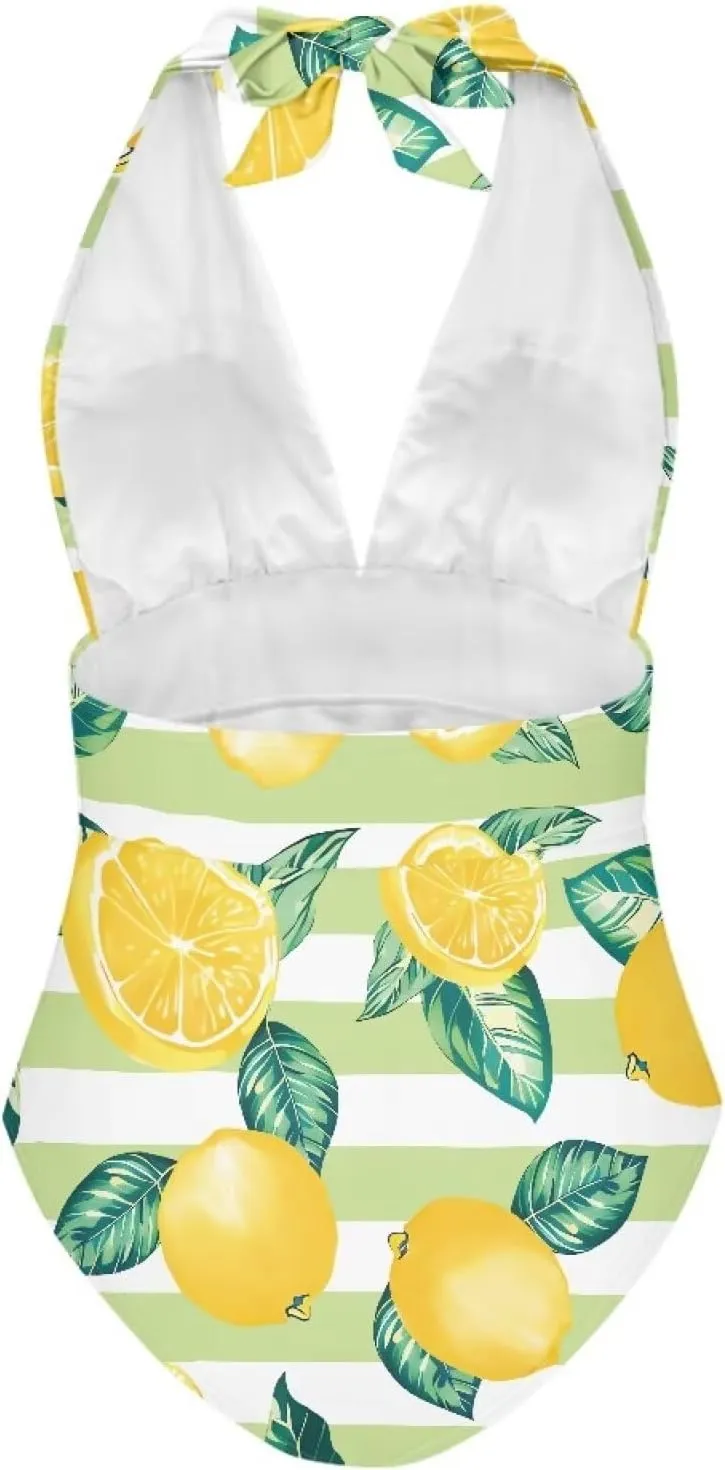 Women One Piece Swimsuits V Neck Halter Swimwear High Waist Tummy Control Bathing Suit Backless Monokinis Size S-3XL