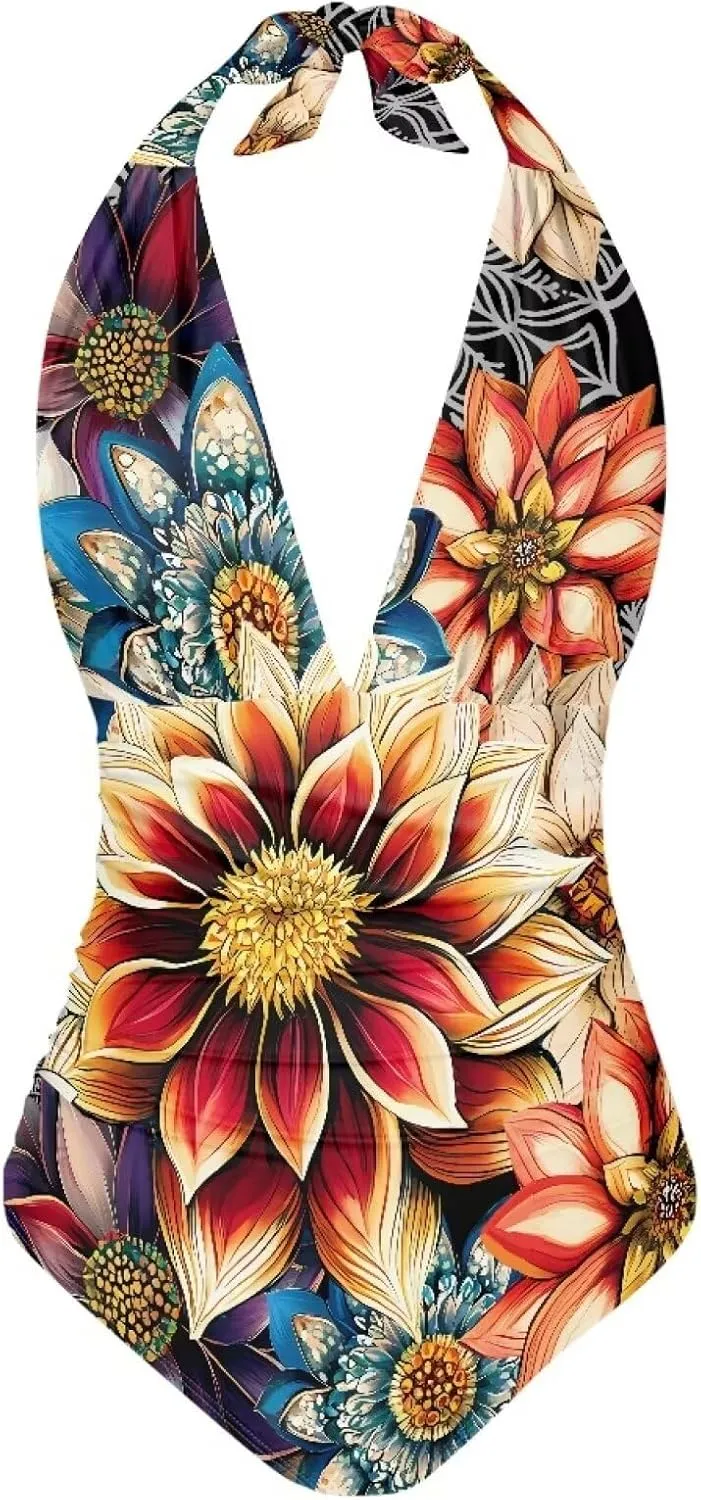 Women One Piece Swimsuits V Neck Halter Swimwear High Waist Tummy Control Bathing Suit Backless Monokinis Size S-3XL
