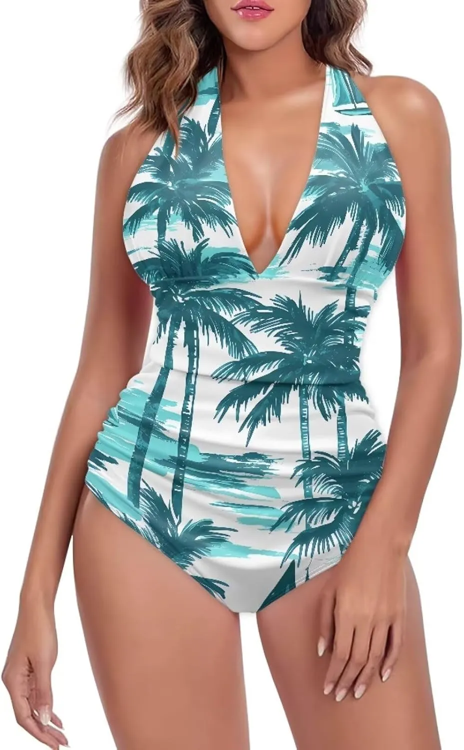Women One Piece Swimsuits V Neck Halter Swimwear High Waist Tummy Control Bathing Suit Backless Monokinis Size S-3XL