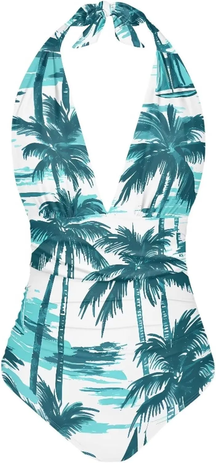 Women One Piece Swimsuits V Neck Halter Swimwear High Waist Tummy Control Bathing Suit Backless Monokinis Size S-3XL