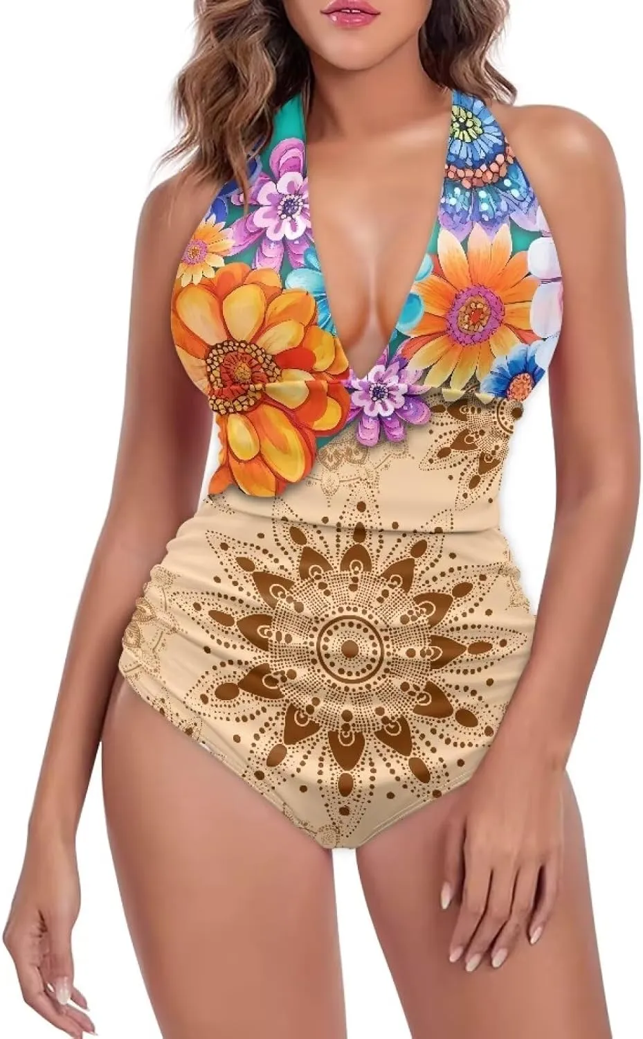 Women One Piece Swimsuits V Neck Halter Swimwear High Waist Tummy Control Bathing Suit Backless Monokinis Size S-3XL