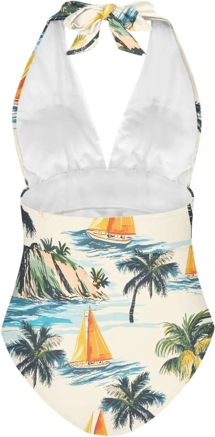 Women One Piece Swimsuits V Neck Halter Swimwear High Waist Tummy Control Bathing Suit Backless Monokinis Size S-3XL