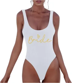 Women One Piece Tummy Control Swimsuits High Cut Bride Sexy Bathing Suit Slimming Swim Suit Letter Print Backless Swimwear