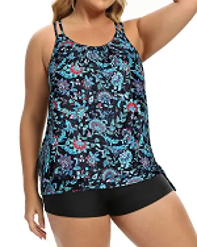 Women Plus Size Blouson Tankini Top With Boy Shorts Bathing Suits-Green And Balck Floral