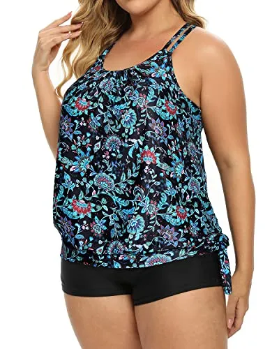 Women Plus Size Blouson Tankini Top With Boy Shorts Bathing Suits-Green And Balck Floral