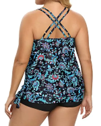 Women Plus Size Blouson Tankini Top With Boy Shorts Bathing Suits-Green And Balck Floral