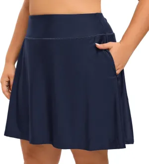 Women Plus Size Swim Skirt with Shorts High Waisted Swimming Skort Bathing Suit Skirts Bottoms Zipper Pockets