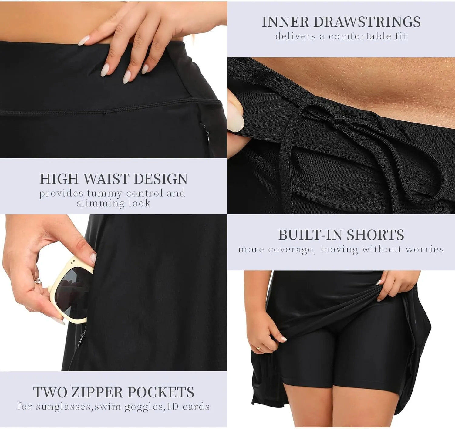 Women Plus Size Swim Skirt with Shorts High Waisted Swimming Skort Bathing Suit Skirts Bottoms Zipper Pockets