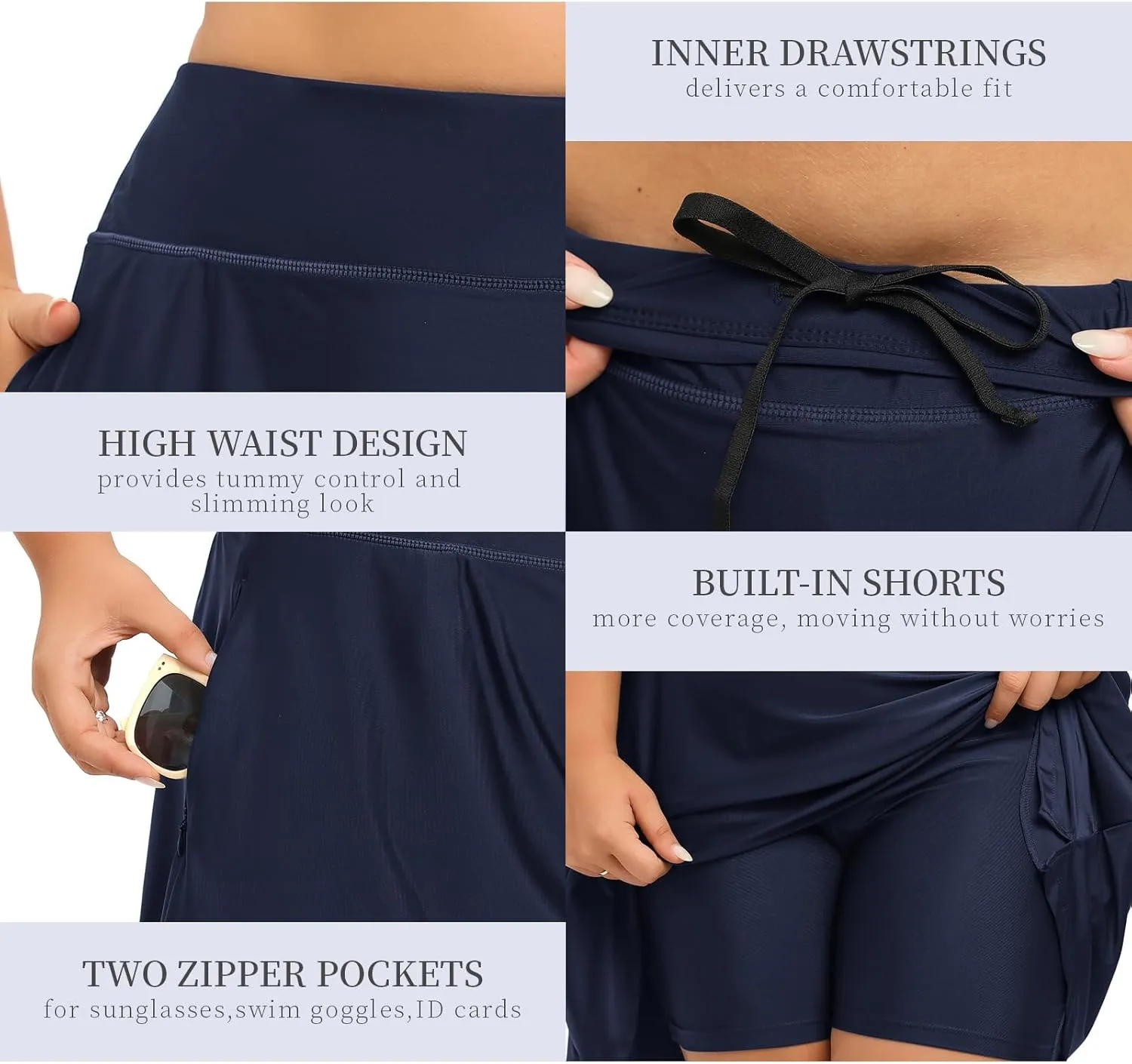 Women Plus Size Swim Skirt with Shorts High Waisted Swimming Skort Bathing Suit Skirts Bottoms Zipper Pockets