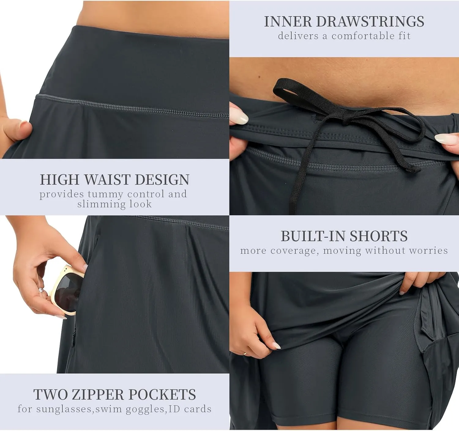 Women Plus Size Swim Skirt with Shorts High Waisted Swimming Skort Bathing Suit Skirts Bottoms Zipper Pockets