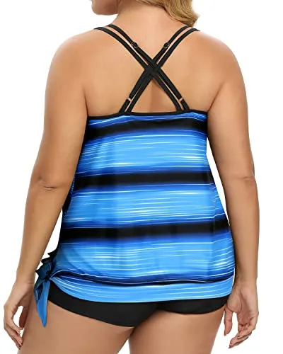 Women Plus Size Two Piece Tankini Swimsuit Tummy Control Bathing Suits-Blue And Black Stripe