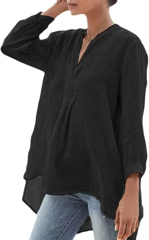 Women Short Sleeve Cotton Linen Shirt Casual V Neck Oversized T-Shirt Solid Color Loose Fit Summer Tee Shirts