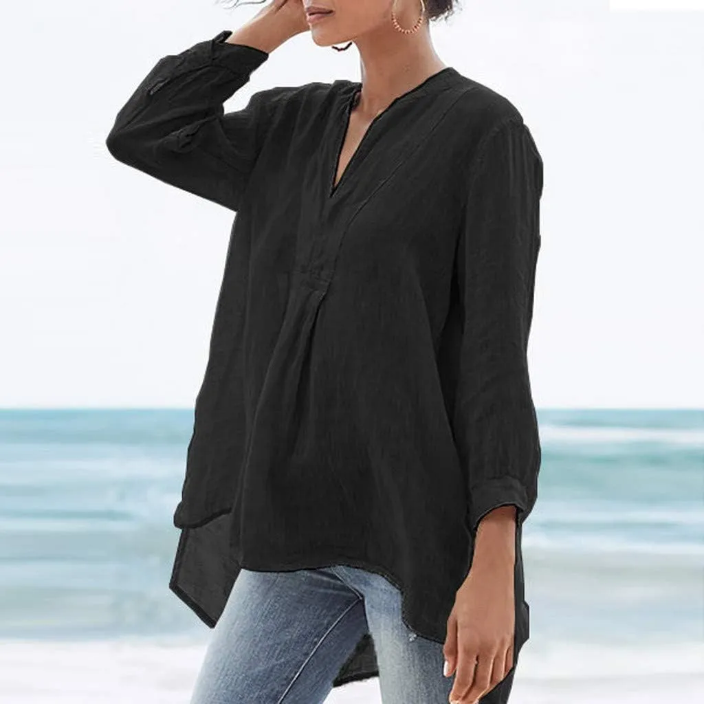 Women Short Sleeve Cotton Linen Shirt Casual V Neck Oversized T-Shirt Solid Color Loose Fit Summer Tee Shirts
