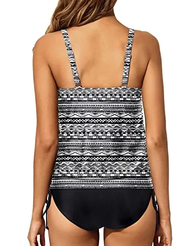 Women Tummy Control Removable Padded Push Up Cups Tankini-Black Tribal