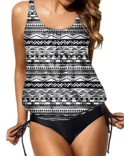 Women Tummy Control Removable Padded Push Up Cups Tankini-Black Tribal