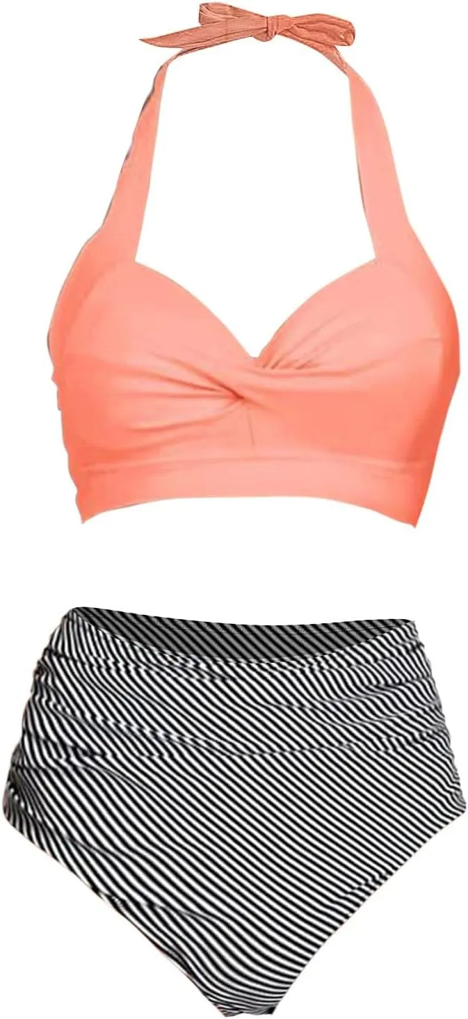 Women Two Piece High Waisted Bikini Set Swimsuits Push Up Halter Tummy Control Bottoms Bathing Suits