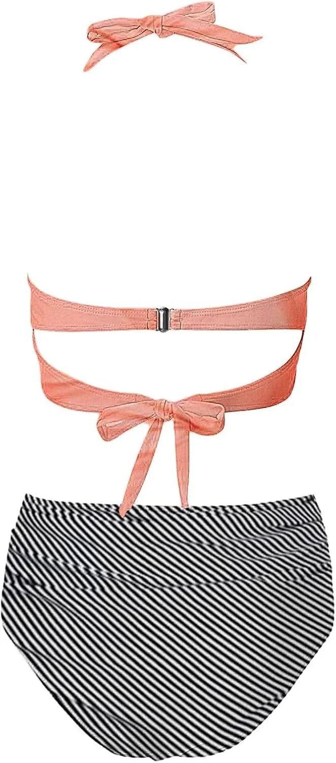 Women Two Piece High Waisted Bikini Set Swimsuits Push Up Halter Tummy Control Bottoms Bathing Suits