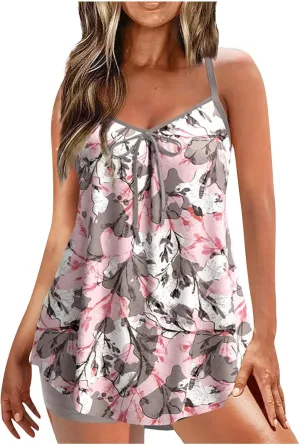 Women Two Piece Tankini Set Ruched Bathing Suit Tank Tops Swimsuit with Shorts (Available in Plus Size)