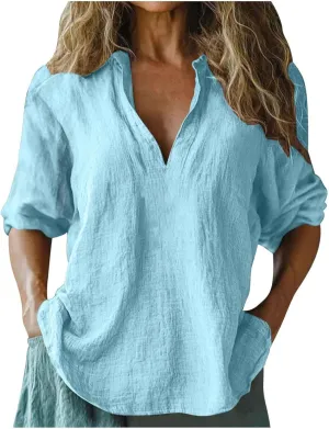 Women V Neck Stand Collar Tunic Tops Summer Cotton Linen 3/4 Sleeve Casual Loose Fit T-Shirts Dressy Basic Office Work Blouse