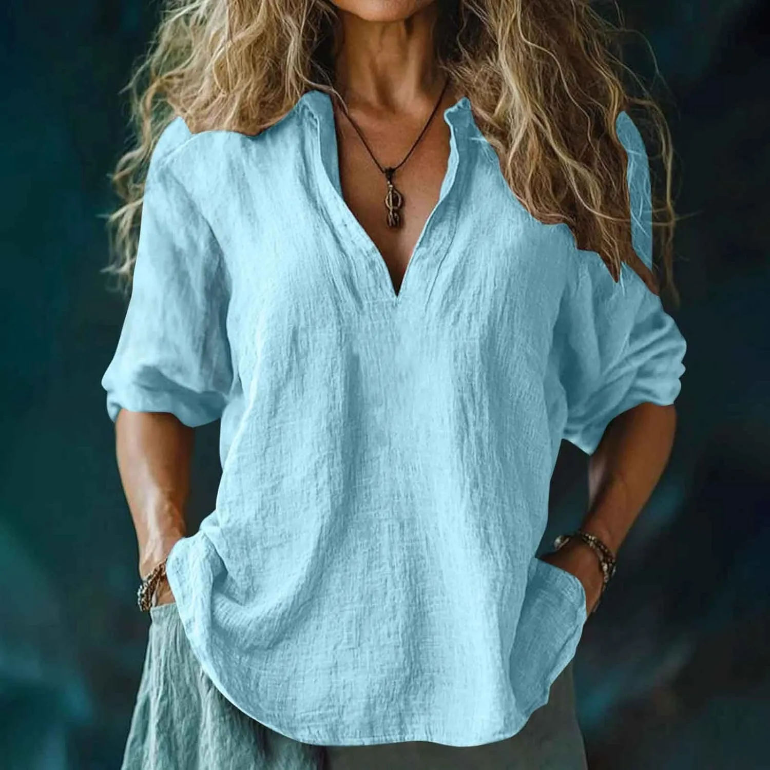 Women V Neck Stand Collar Tunic Tops Summer Cotton Linen 3/4 Sleeve Casual Loose Fit T-Shirts Dressy Basic Office Work Blouse