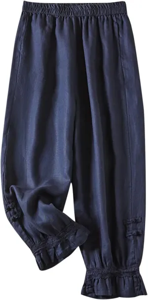 Women Vintage Cotton Linen Pants Elastic Waist Solid Color Casual Pant Lace Ruffle Trim Cropped Trousers with Pockets