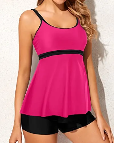 Women's 2 Piece Tankini Swimsuits Boy Shorts Modest Swimwear-Neon Pink